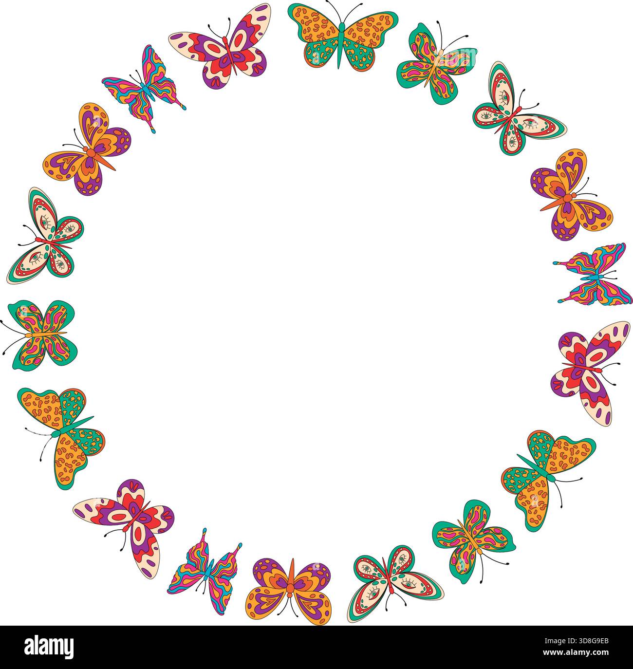 Groovy Retro Butterfly Floral Circle Frame Seamless Pattern Stock Vector