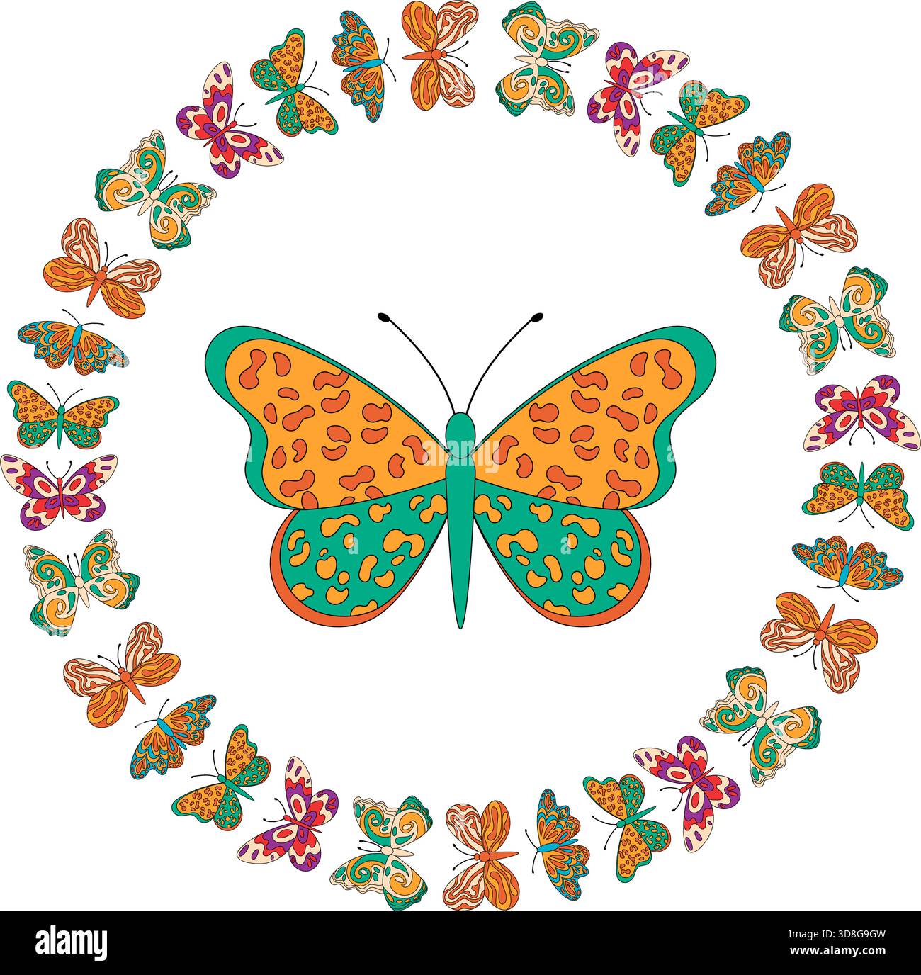 Groovy Retro Butterfly Circle Border Pattern Stock Vector