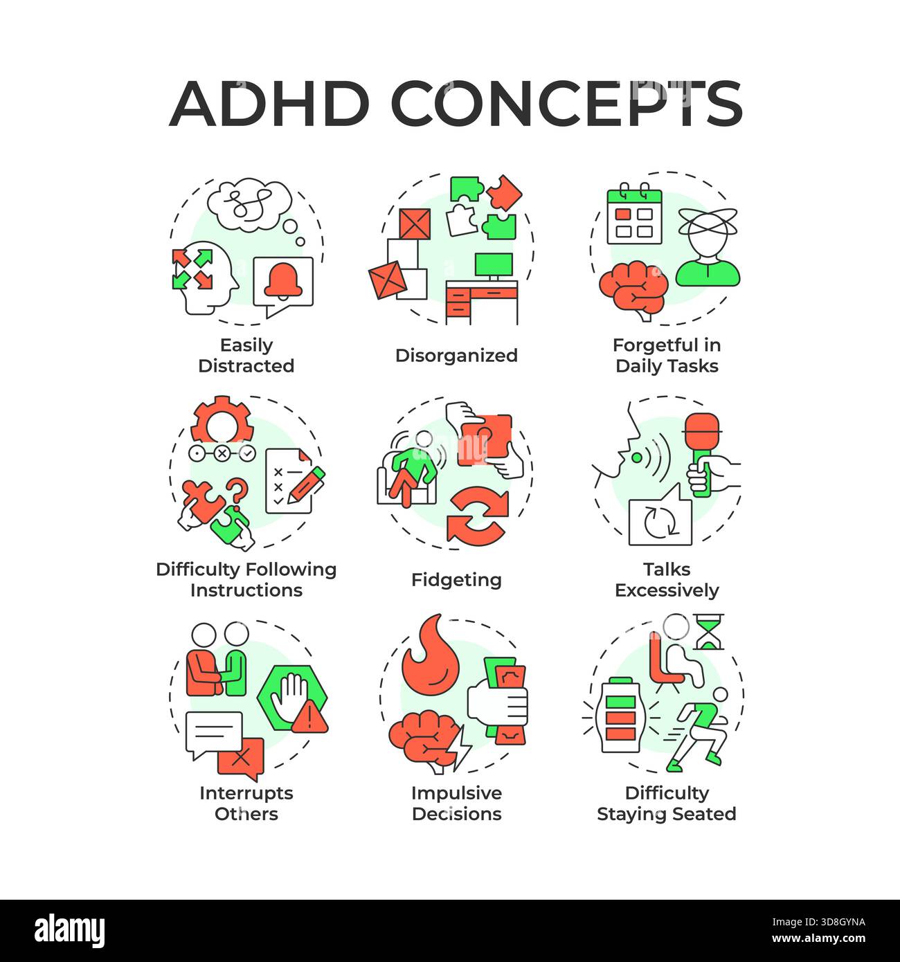 ADHD multi color concept icons Stock Vector