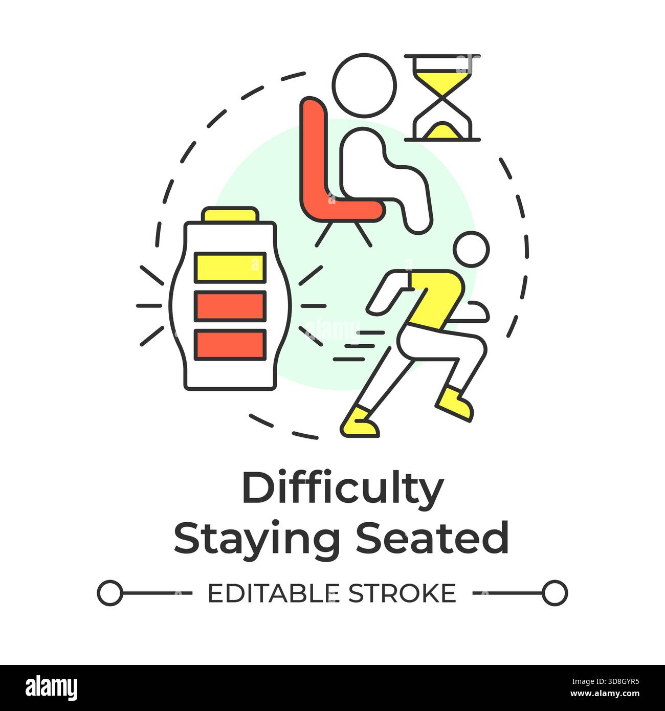 Difficulty staying seated multi color concept icon Stock Vector