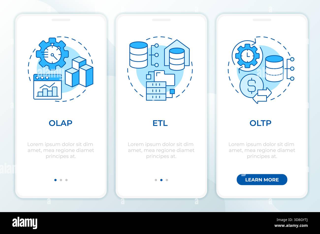 Data processing types blue onboarding mobile app screen Stock Vector