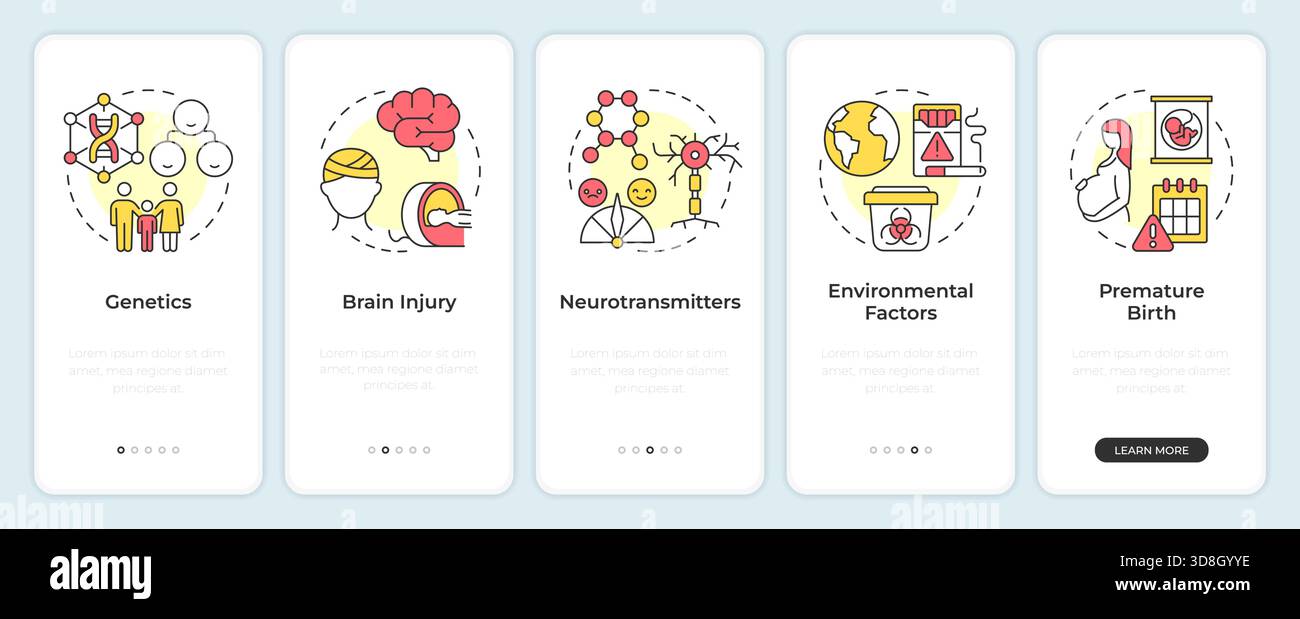 Causes of adhd onboarding mobile app screen Stock Vector