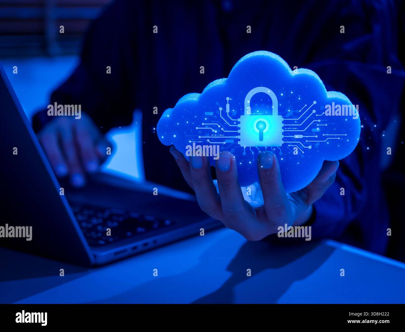 Cloud security concept with glowing padlock icon and digital circuit, representing secure data storage, network protection, cybersecurity, and privacy Stock Photo