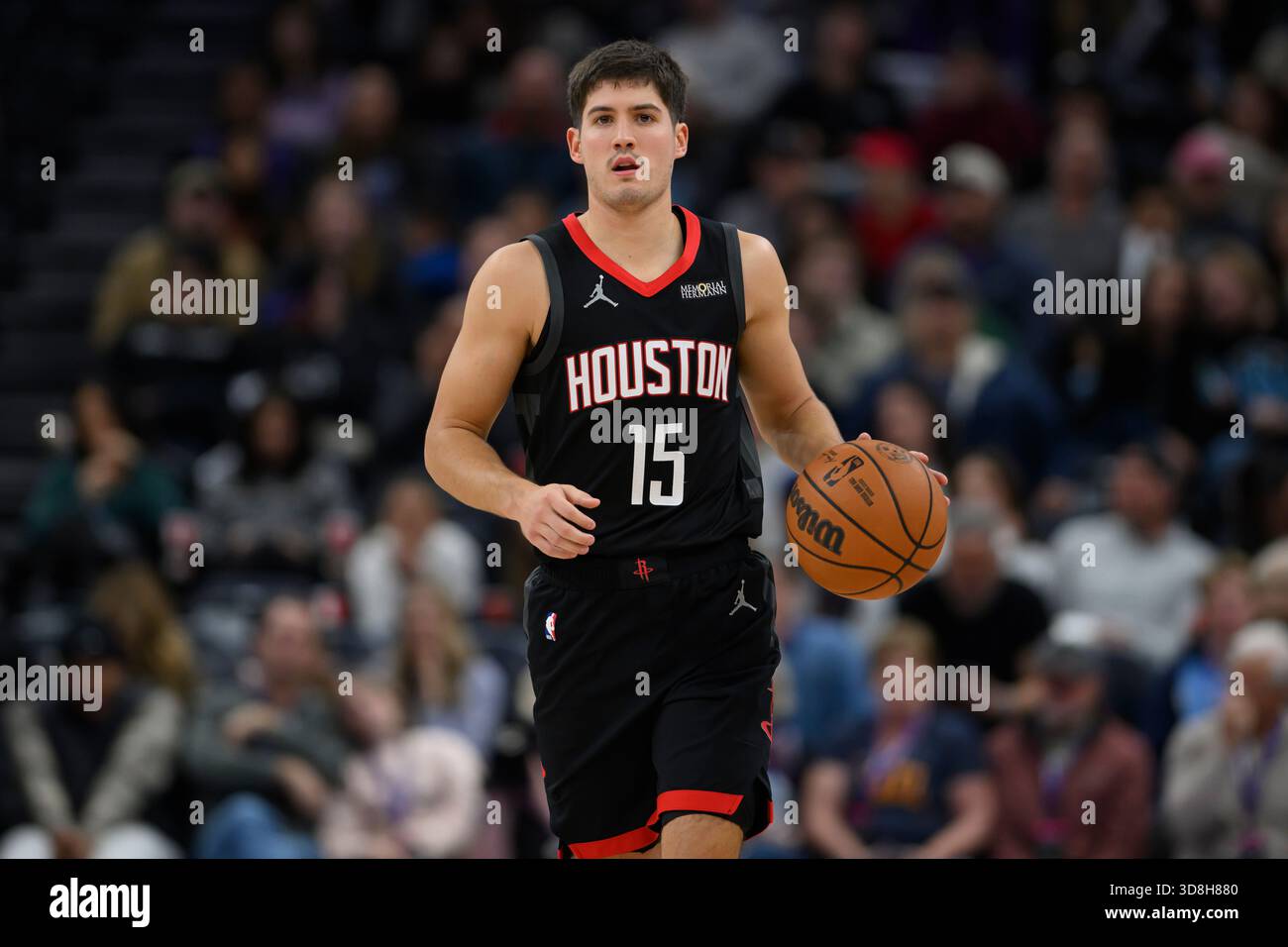 Houston Rockets guard Reed Sheppard brings the ball up court during the ...