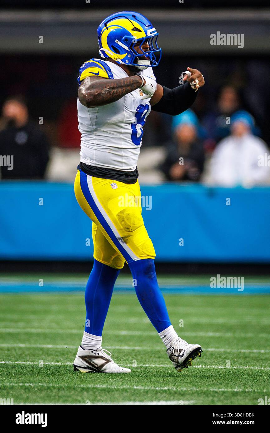 Los Angeles Rams linebacker Jared Verse (8) celebrates a tackle during ...