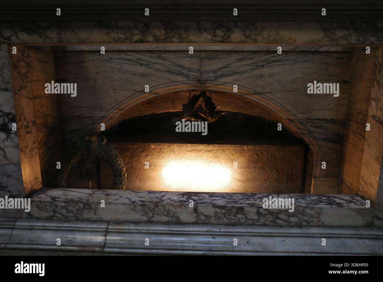 A view of the tomb of artist Raphael Santi at The Pantheon in Rome ...