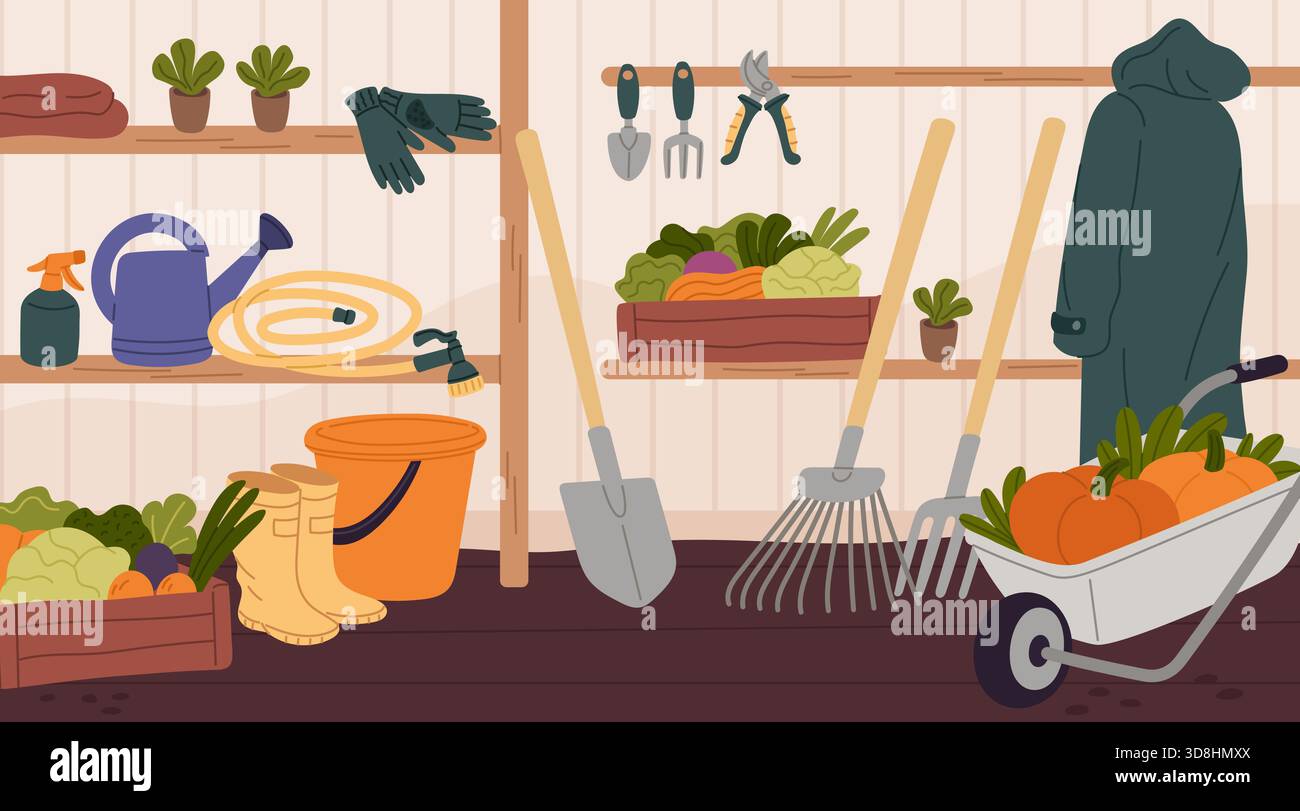 Gardening tools room interior. Storage facility with different farm ...