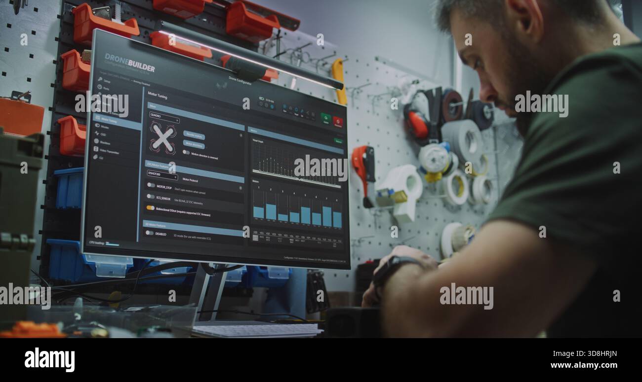 Engineer Programming FPV Drone Parameters on Computer Software. Man Configures and Programs Drone Using Specialized Software Showing 3D Model. Digital Configuration and Fine Tuning For Optimal Flight. Stock Photo