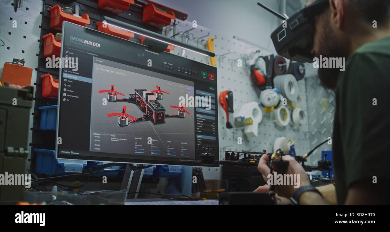 Engineer Programming FPV Drone Parameters on Computer Software. Man Configures and Programs Drone Using Specialized Software Showing 3D Model. Digital Configuration and Fine Tuning For Optimal Flight. Stock Photo