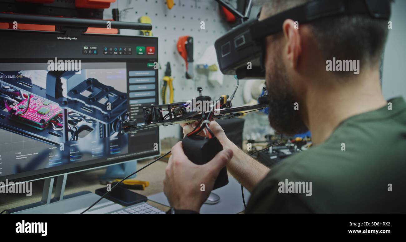 Pre Flight Validation Engineer Testing and Adjusting Drone Performance Parameters. Man Actively Testing Drone Performance Parameters. Concept Critical Pre Flight Validation Process in Specialized Lab. Stock Photo