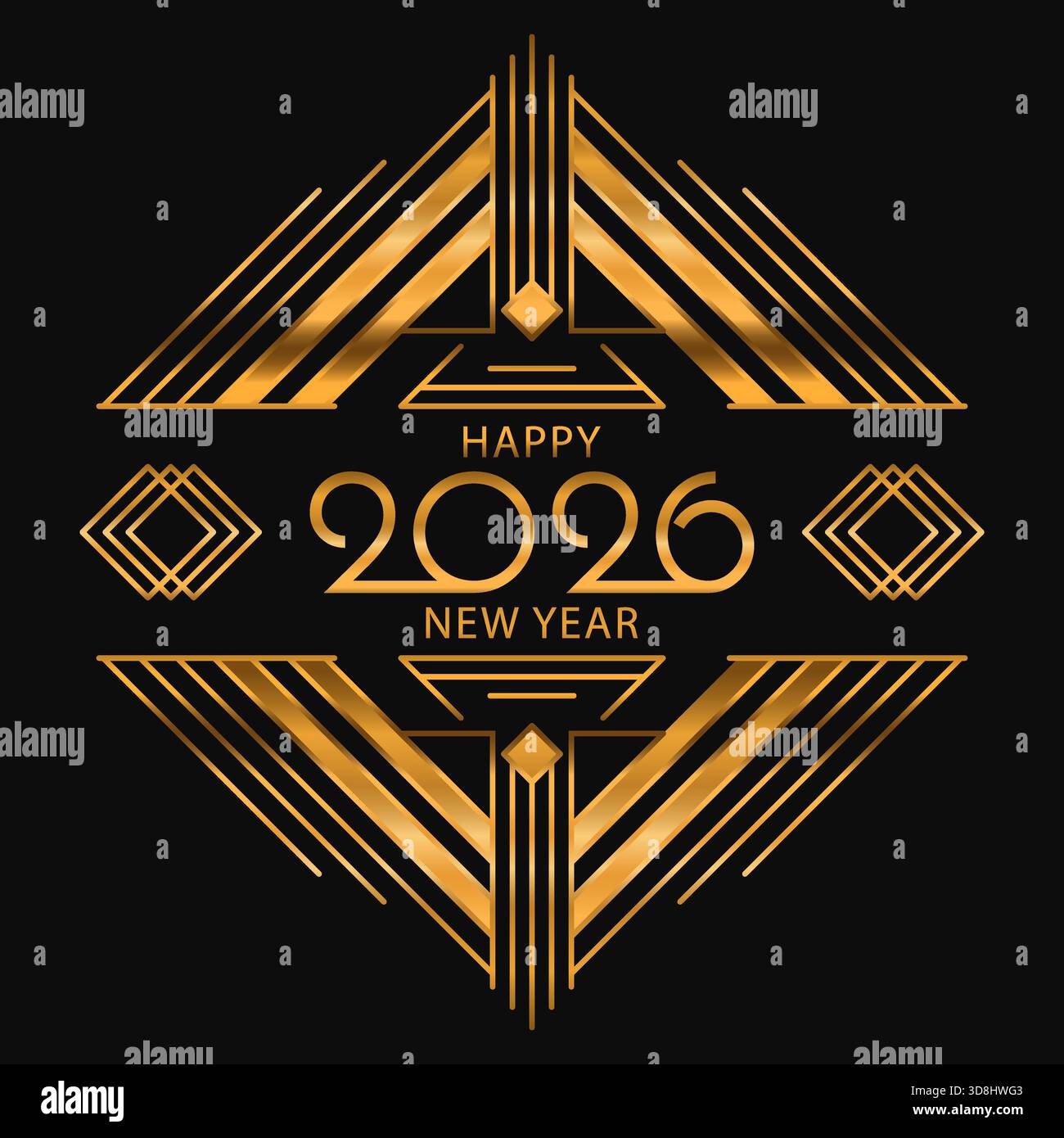 Elegant vector Art Deco frame featuring geometric golden lines and a stylish New Year 2026 greeting typography Stock Vector