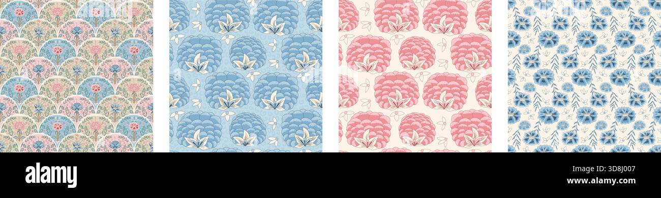 Flowers seamless pattern. Floral Indian chintz endless backgrounds collection. Chintz retro pink and blue repeat covers set. Botanical modern design c Stock Vector