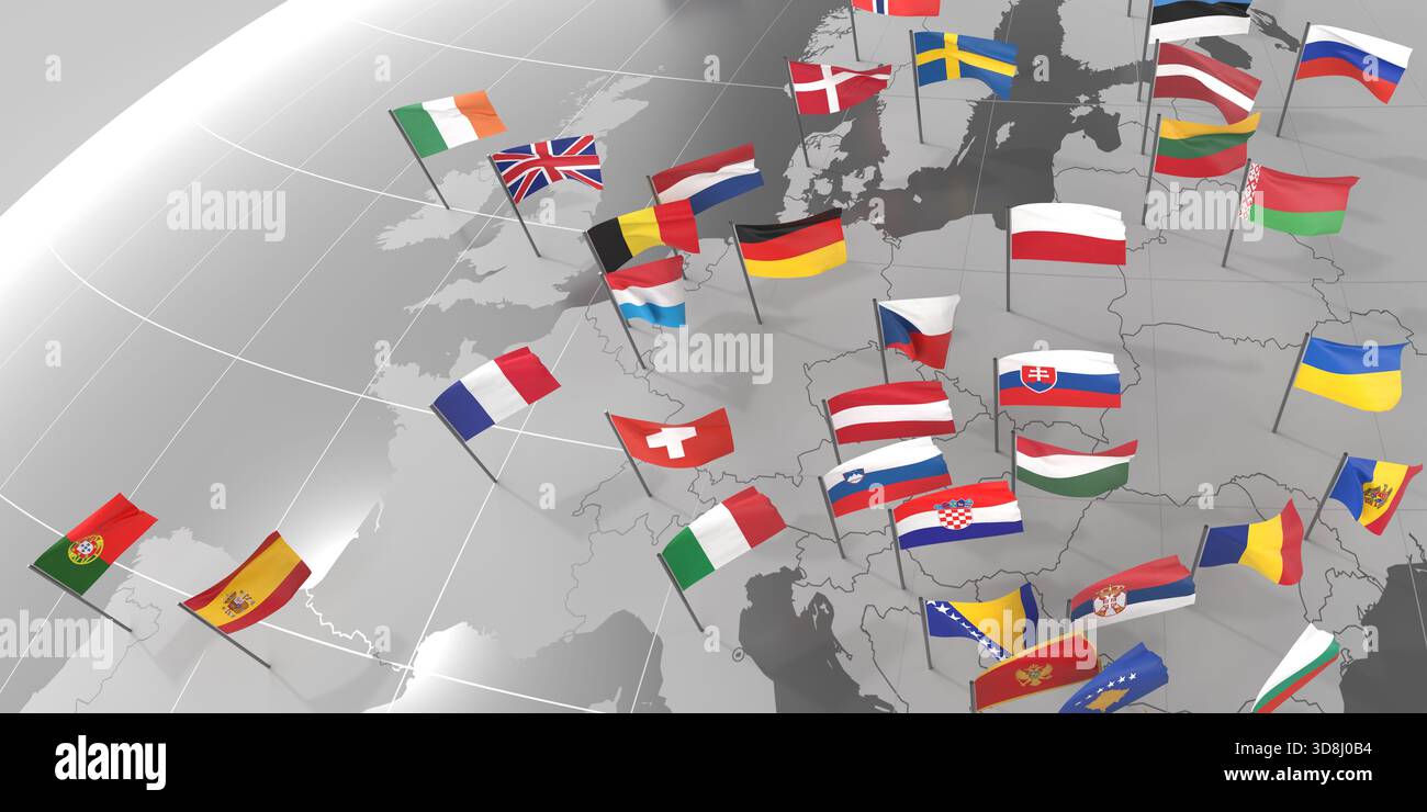 Europe - countries' borders and flags - 3D illustration Stock Photo - Alamy
