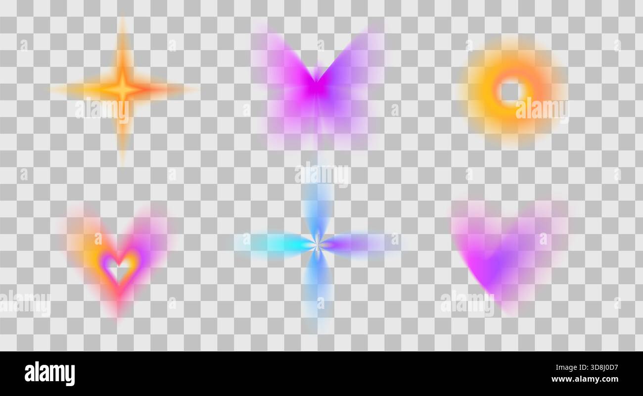 Blur gradation y2k symbol icons. Gradient circle hearts, flowers set. Bright aura rainbow ring shape. Simple neon colorful figures. Vector neon collec Stock Vector