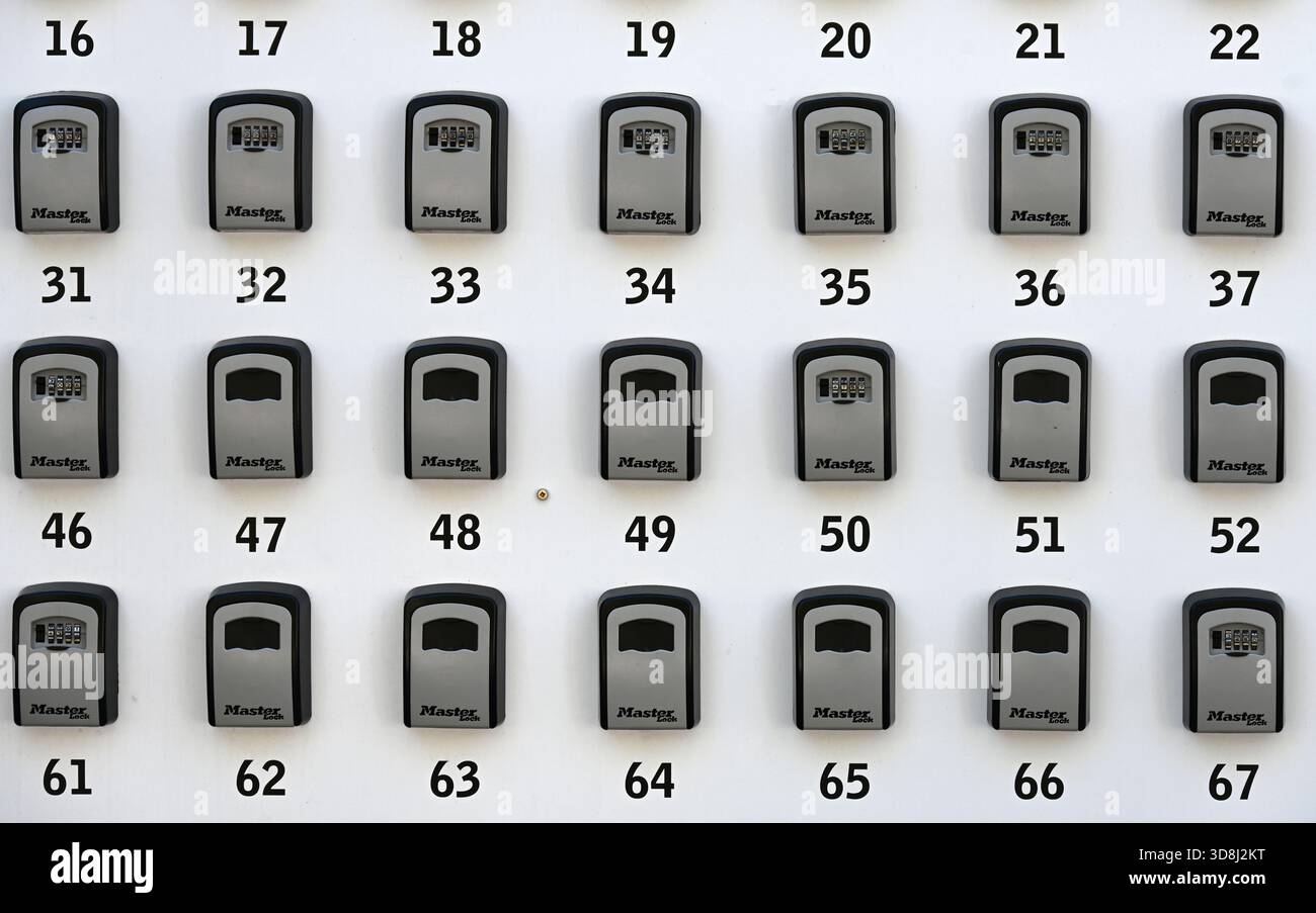 Lines or Rows of Numbered Key Boxes, Lock Boxes or Security Boxes Stock Photo