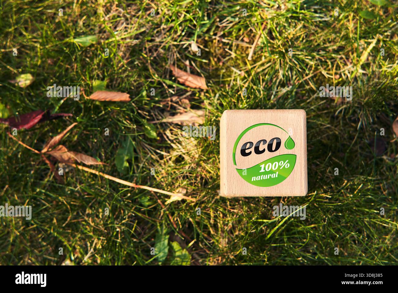 Wooden block with eco 100% natural and eco-friendly label resting on green grass, symbolizing sustainability, organic living, and environmental care. Stock Photo