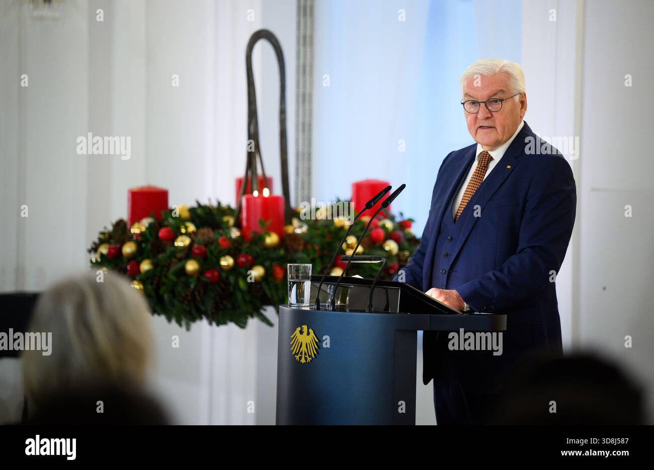 Berlin, Germany. 01st Dec, 2025. Federal President Frank-Walter Steinmeier speaks at the beginning of the award ceremony for the Order of Merit of the Federal Republic of Germany at Bellevue Palace. Under the motto 'Germany in the World', the Federal President is today awarding the Order of Merit to eleven women and nine men for their outstanding commitment on International Volunteer Day on December 5. Credit: Bernd von Jutrczenka/dpa/Alamy Live News Stock Photo