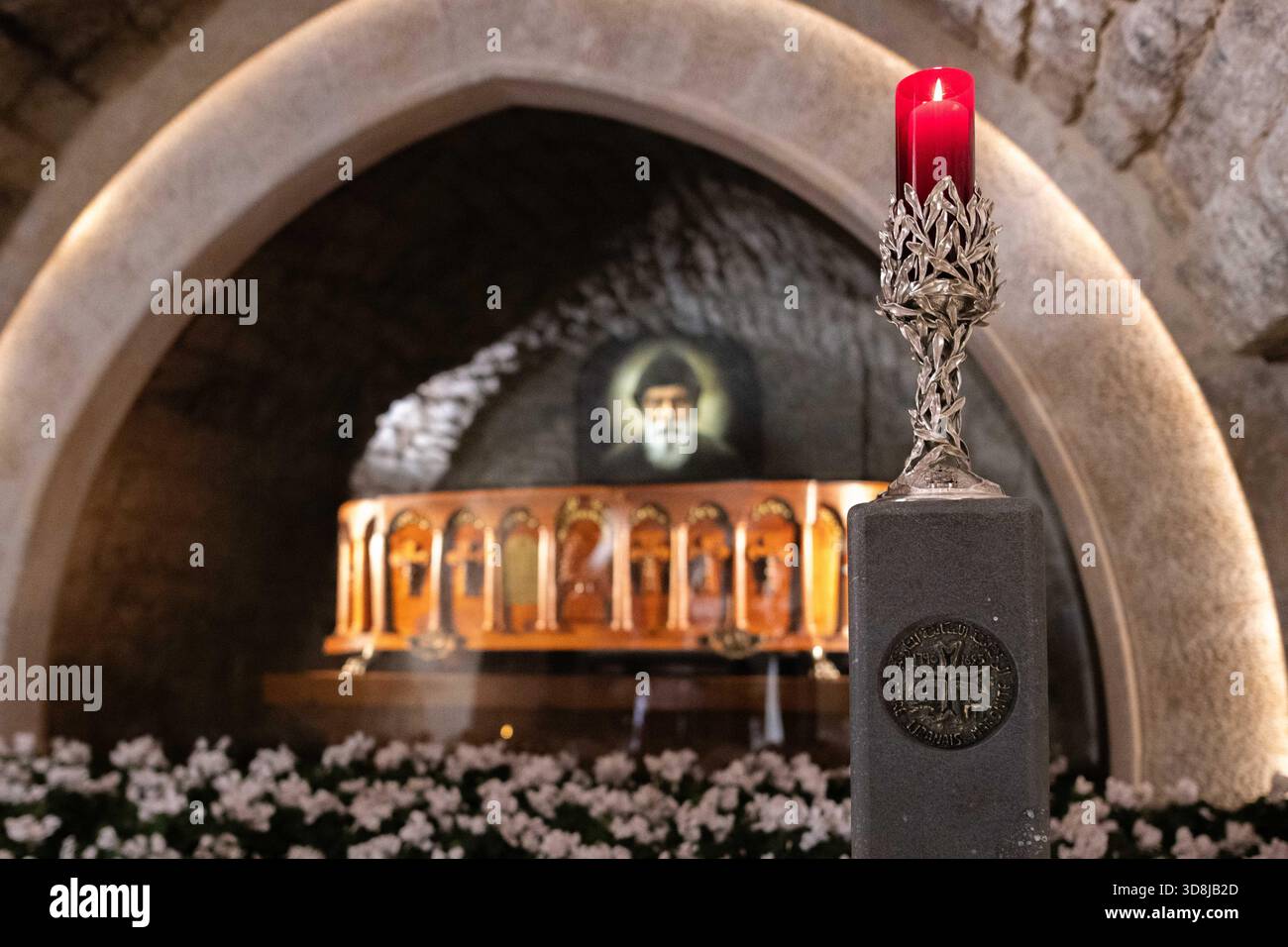 Annaya, Pomeranian Voivodeship, Lebanon. 1st Dec, 2025. The Saint Maroun Monastery in Annaya, Lebanon, is a historic Maronite Christian site, known for the tomb of Saint Charbel, a revered Lebanese monk. Pilgrims from around the world visit the monastery to pray, seek blessings, and experience its peaceful spiritual atmosphere. A votive candle also burns inside the monastery in front of the tomb of Saint Charbel, where pilgrims gather to pray and seek blessings. Credit: ZUMA Press, Inc./Alamy Live News Stock Photo