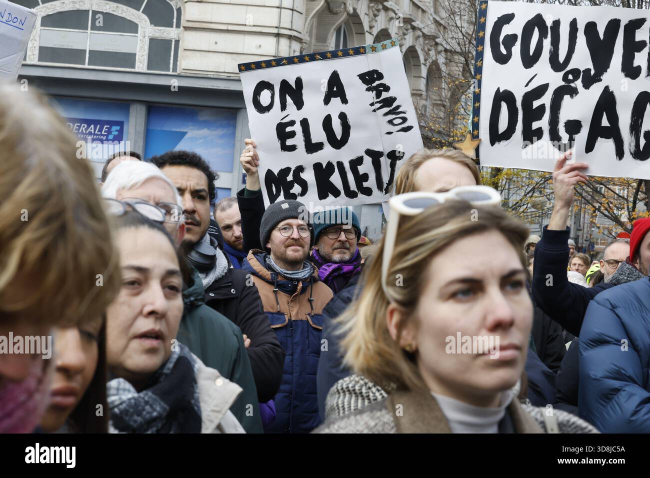 Brussels, Belgium. 01st Dec, 2025. a protest action of Respect Brussels, to protest the lack of a new government for the Brussels Capital Region 541 days after the elections, on Monday 01 December 2025 in Brussels. BELGA PHOTO NICOLAS MAETERLINCK Credit: Belga News Agency/Alamy Live News Stock Photo