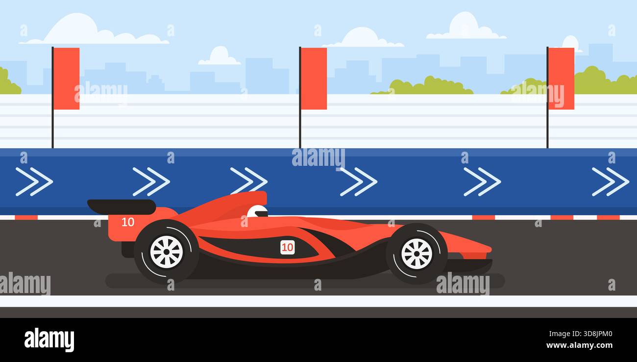 Red Flag Racetrack Red formula race car speeding on racetrack with cityscape background ...