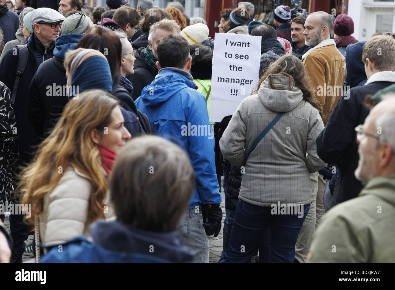 Brussels, Belgium. 01st Dec, 2025. Picture taken during a protest action of Respect Brussels, to protest the lack of a new government for the Brussels Capital Region 541 days after the elections, on Monday 01 December 2025 in Brussels. BELGA PHOTO NICOLAS MAETERLINCK Credit: Belga News Agency/Alamy Live News Stock Photo
