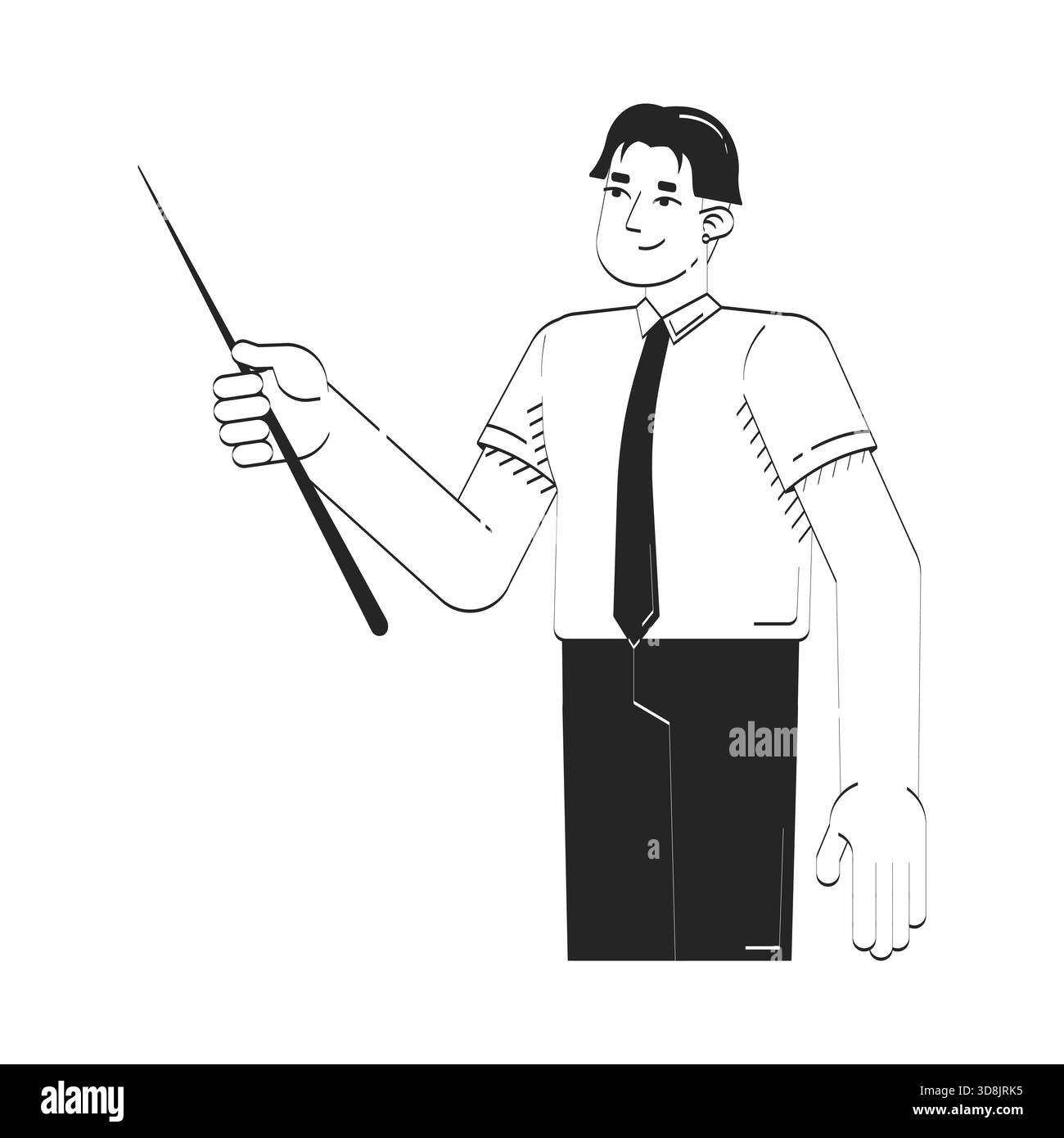 Linear Character Corporate asian man presenting with pointer stick doodle linear ...