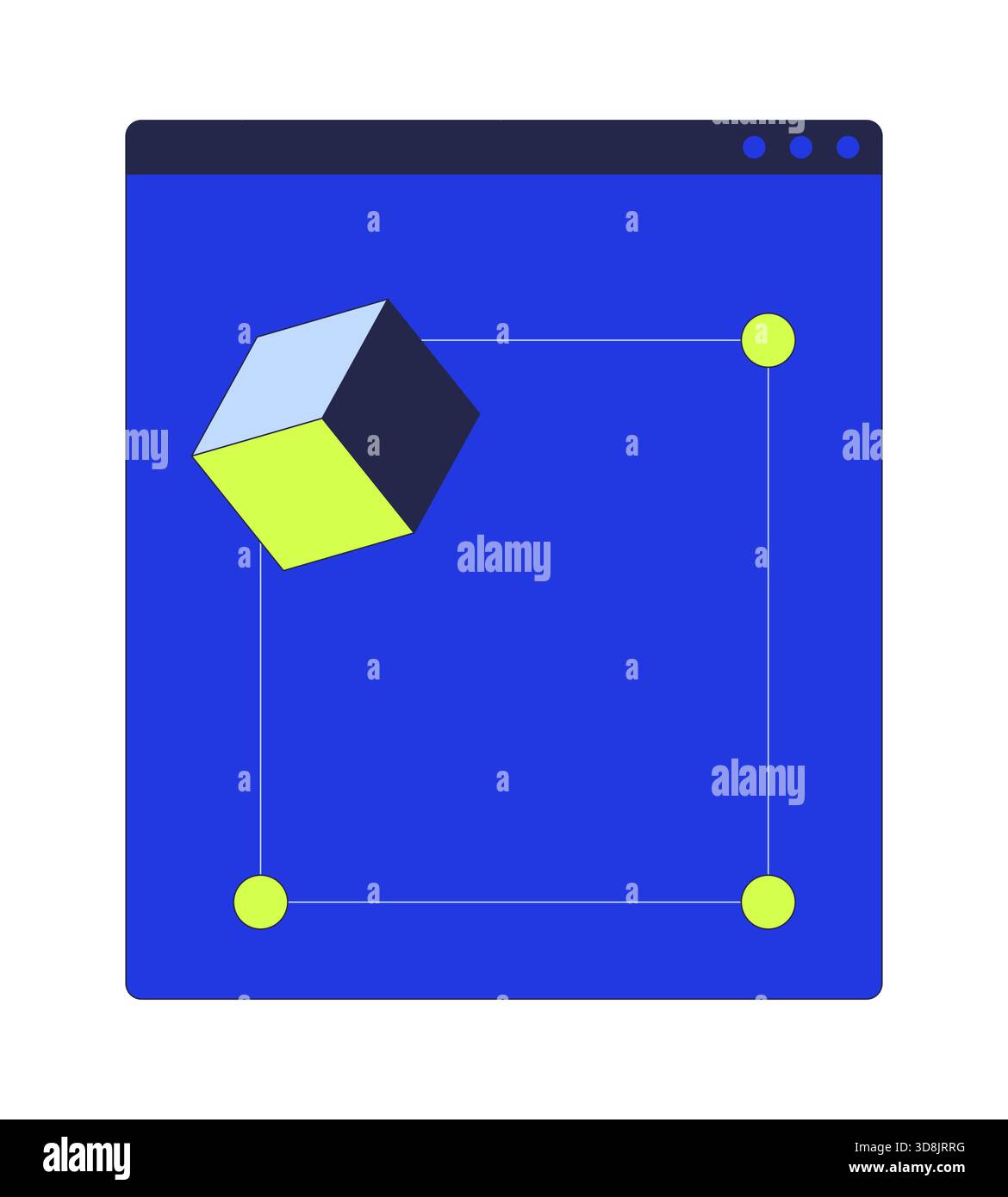 Geometric cube inside interface window with control nodes 2D cartoon object Stock Vector