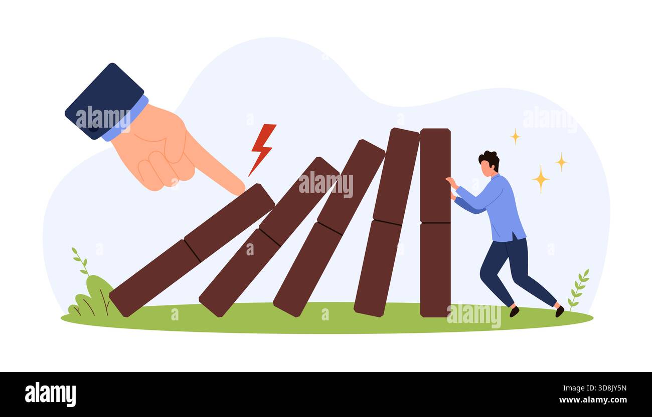 Businessman preventing falling dominoes with large hand triggering ...