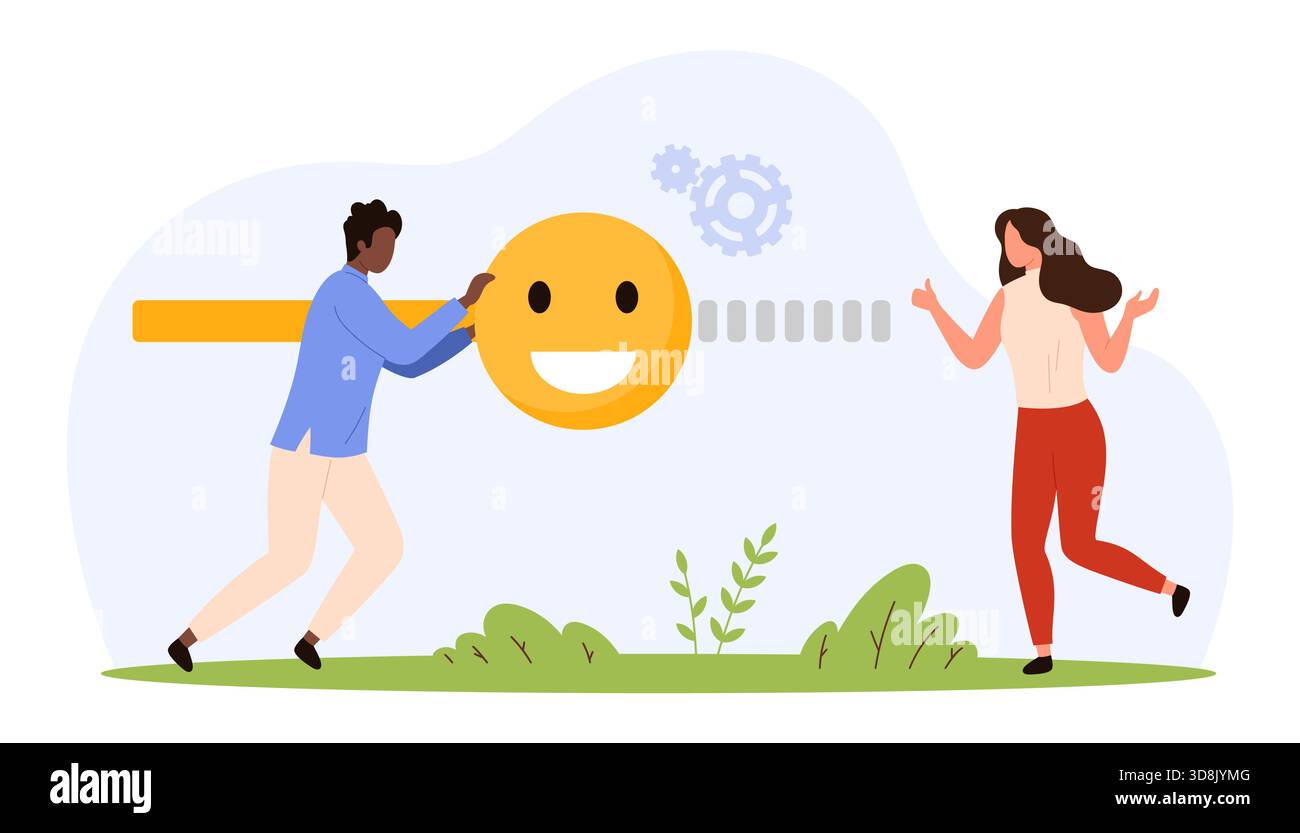 Two people collaborate to move a large smiley face lever, symbolizing ...