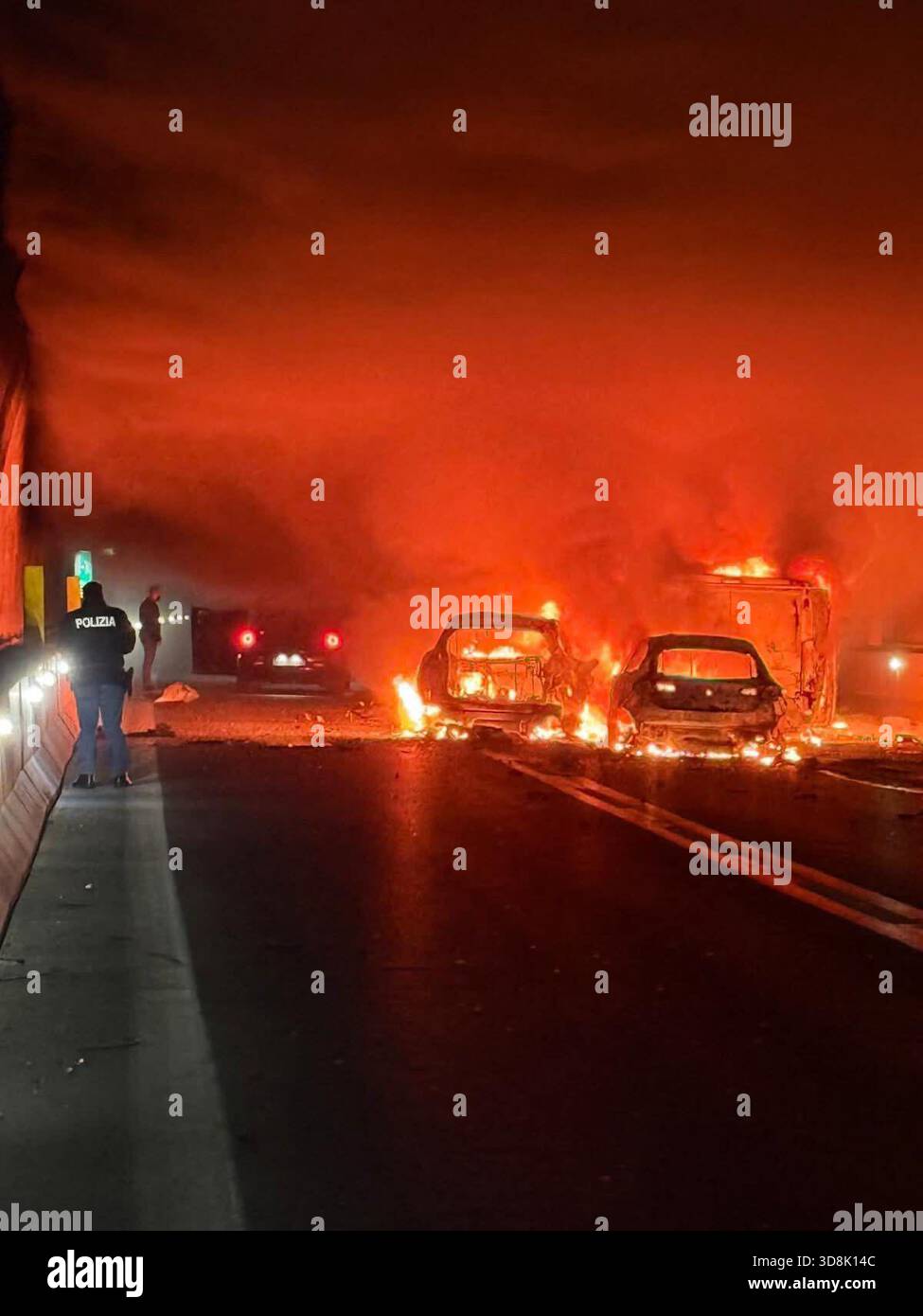 Reggio Calabria, Italy. 01st Dec, 2025. Reggio Calabria (Scilla), An armored van was attacked on the A2 highway, resulting in gunfire and burning cars in a tunnel on the Salerno-Reggio Calabria highway. The roadway was blocked by burning vehicles. Credit: Independent Photo Agency/Alamy Live News Stock Photo