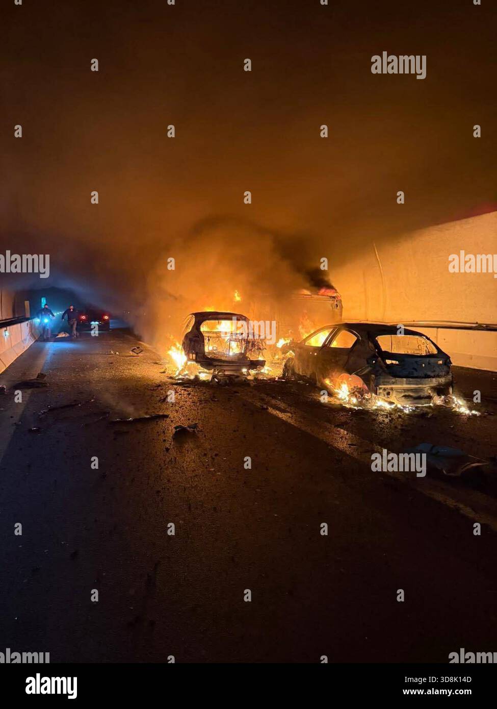 Reggio Calabria, Italy. 01st Dec, 2025. Reggio Calabria (Scilla), An armored van was attacked on the A2 highway, resulting in gunfire and burning cars in a tunnel on the Salerno-Reggio Calabria highway. The roadway was blocked by burning vehicles. Credit: Independent Photo Agency/Alamy Live News Stock Photo