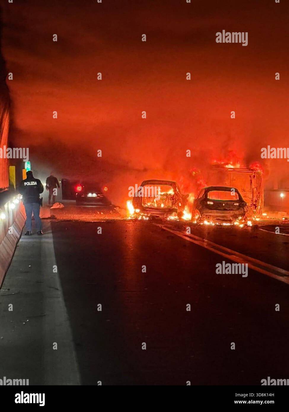 Reggio Calabria, Italy. 01st Dec, 2025. Reggio Calabria (Scilla), An armored van was attacked on the A2 highway, resulting in gunfire and burning cars in a tunnel on the Salerno-Reggio Calabria highway. The roadway was blocked by burning vehicles. Credit: Independent Photo Agency/Alamy Live News Stock Photo