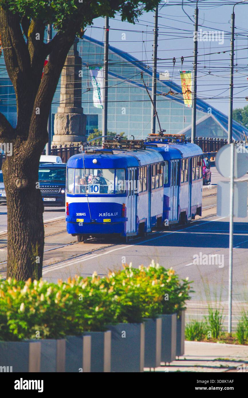 Europe, Latvia, Riga. National Library of Latvia, an old tramway in the foreground Stock Photo