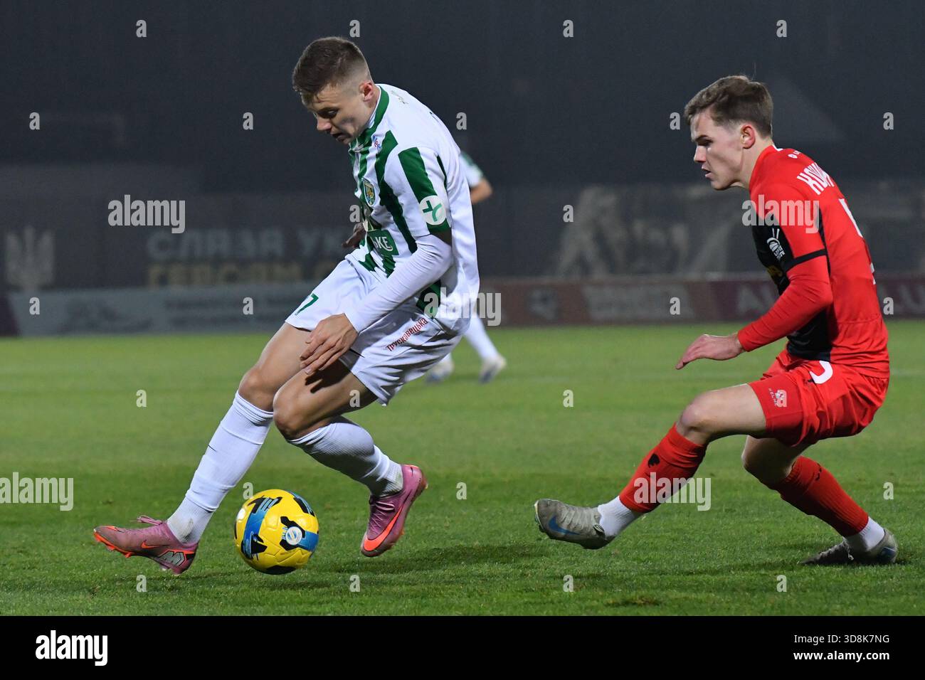 Veres Rivne Fc Oleksiy Sych of Karpaty and Sergiy Korniychuk of Veres seen in action ...