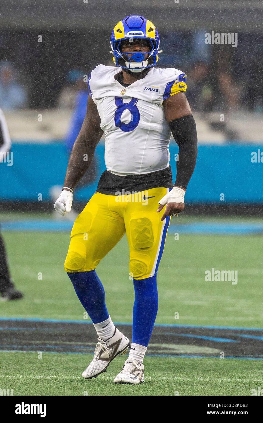 Los Angeles Rams linebacker Jared Verse lines up against the Carolina ...