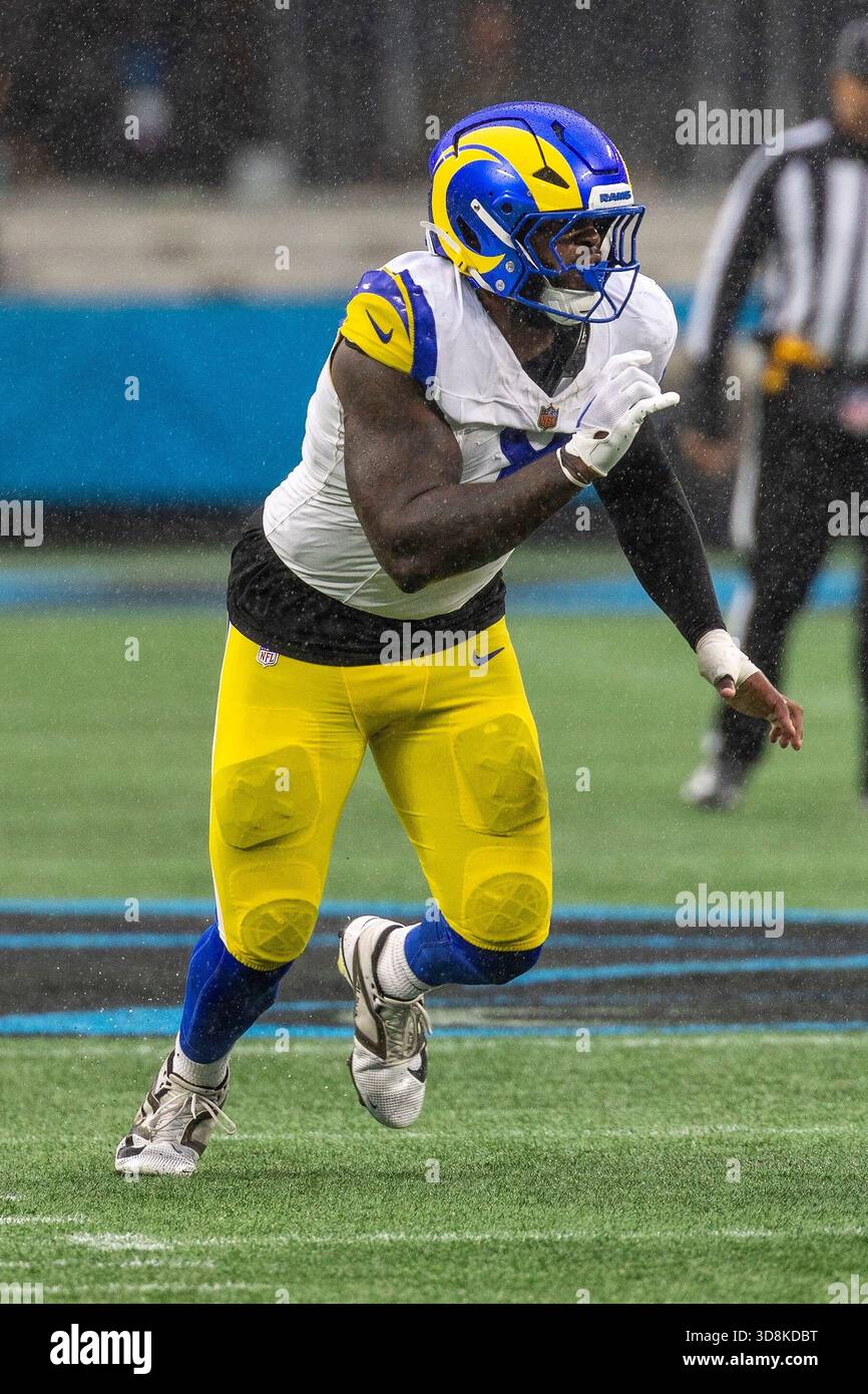 Los Angeles Rams linebacker Jared Verse defends against the Carolina ...