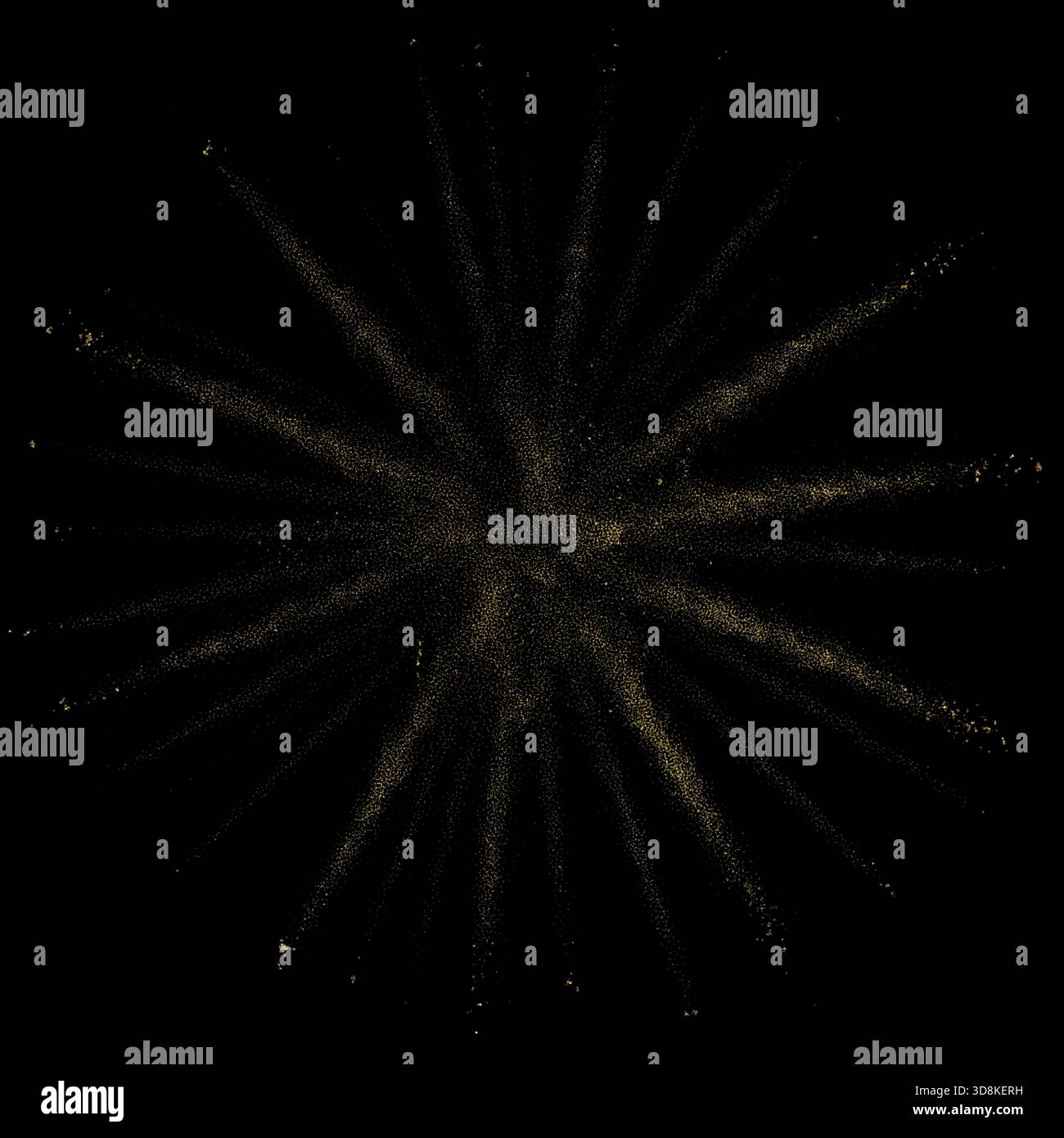 Thin golden dust rays explode outward in a sharp starburst formation over deep black. Stock Vector