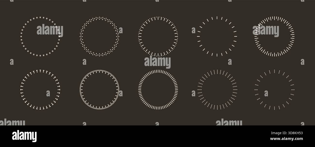 Round analog dashed lines timer icon. Dotted watch, speed frame, meter scale line vector template on dark background. Stock Vector