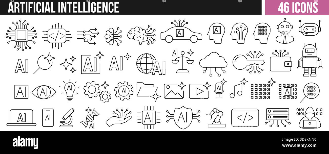 Collection of artificial intelligence line icons including robots, neural networks, AI text, cloud computing, coding, and machine learning elements. Stock Vector