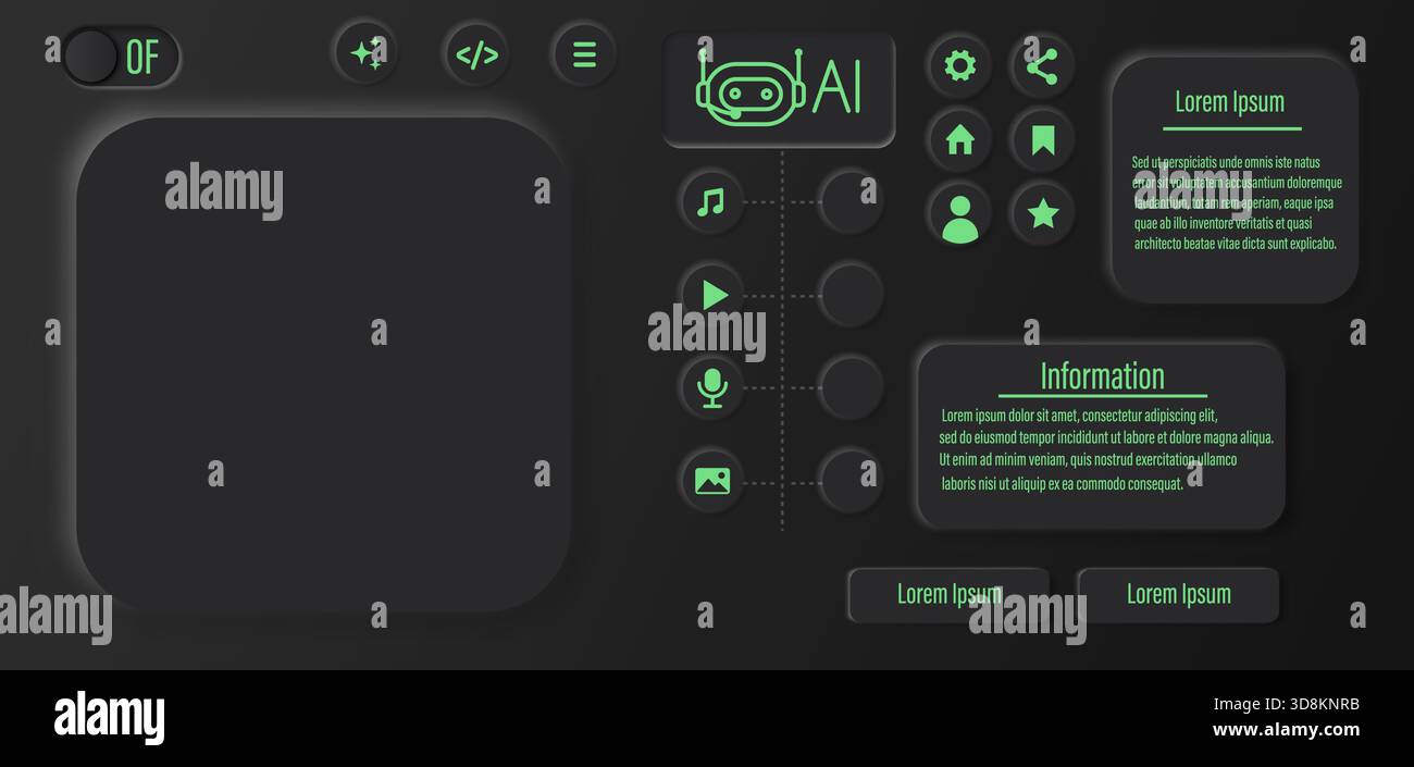 Futuristic dark mode AI dashboard interface with neon green accents, featuring buttons, icons, and UI elements for technology and artificial intelligence concepts. Futuristic AI dashboard design. Cyber interface UI template. Modern tech control panel. Neon glowing AI interface. Dark mode technology UI. Stock Vector