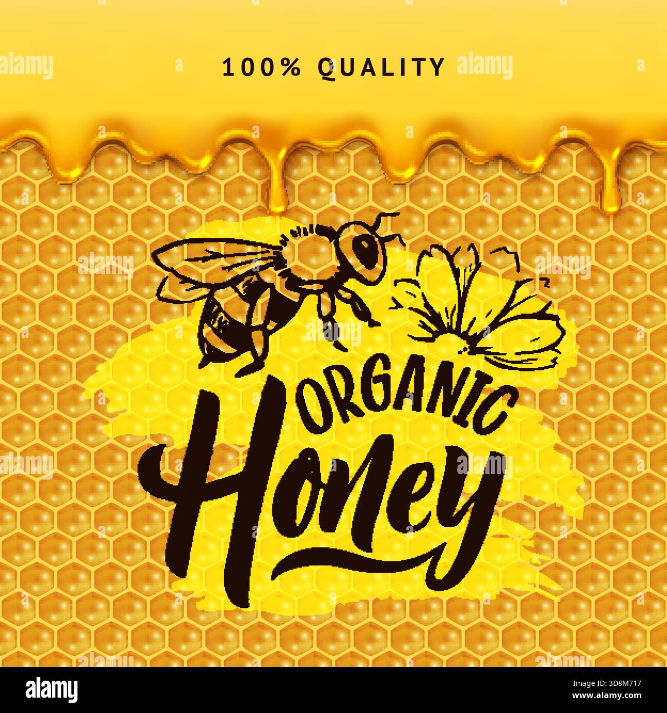 Honey poster. bee and lettering logo of organic honey. vector placard ...