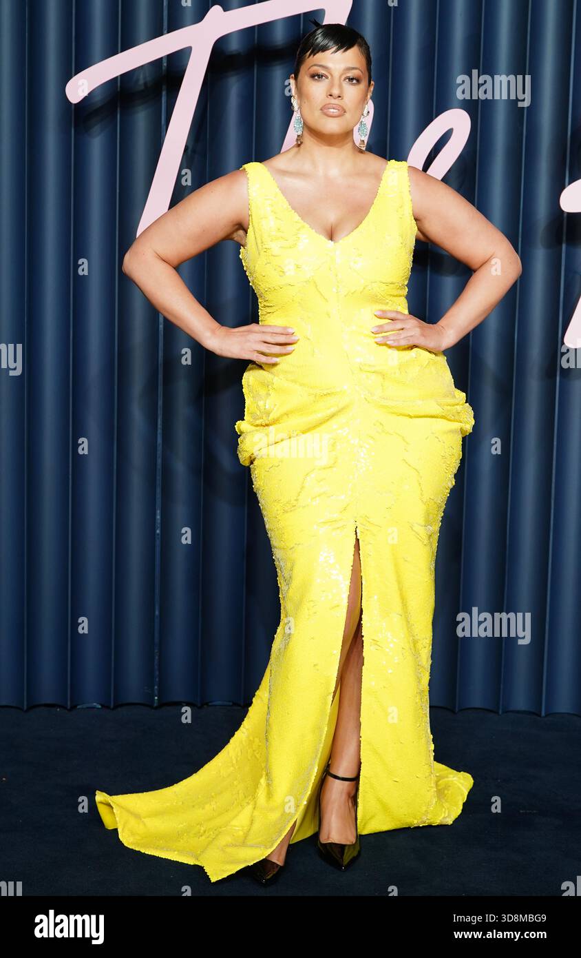 ashley graham gold dress attending the Fashion Awards 2025 at the Royal Albert Hall, London. Picture date: Monday December 1, 2025 Stock Photo Just Men's Shoes