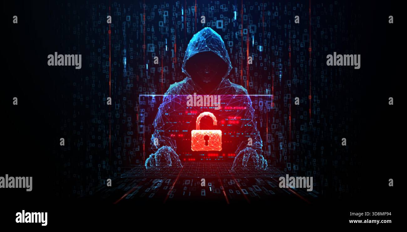 Cyber security threat concept with hacker silhouette in low poly style Stock Vector