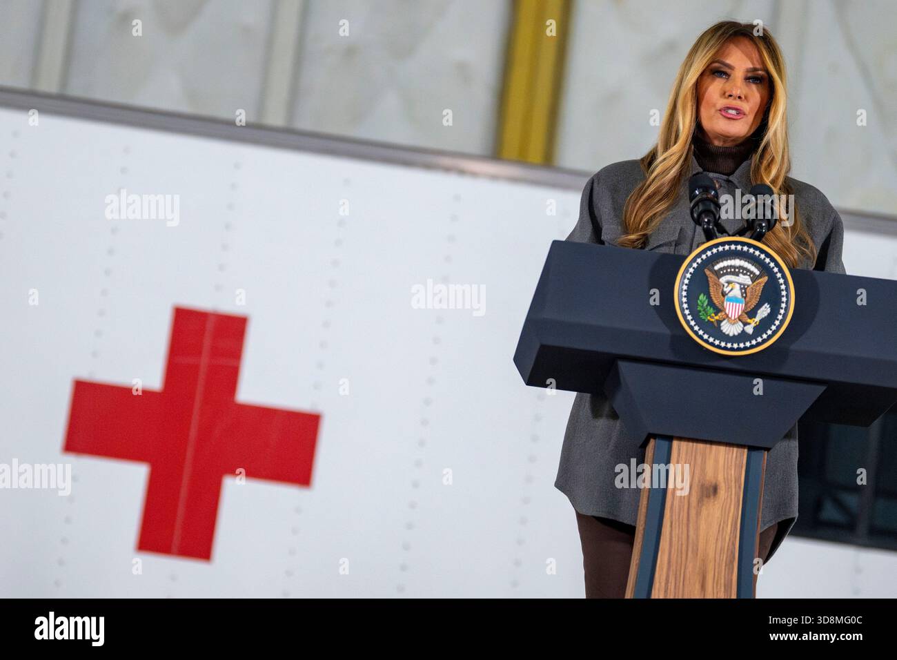 First Lady Secret Service First Lady Melania Trump speaks before creating care packages for ...