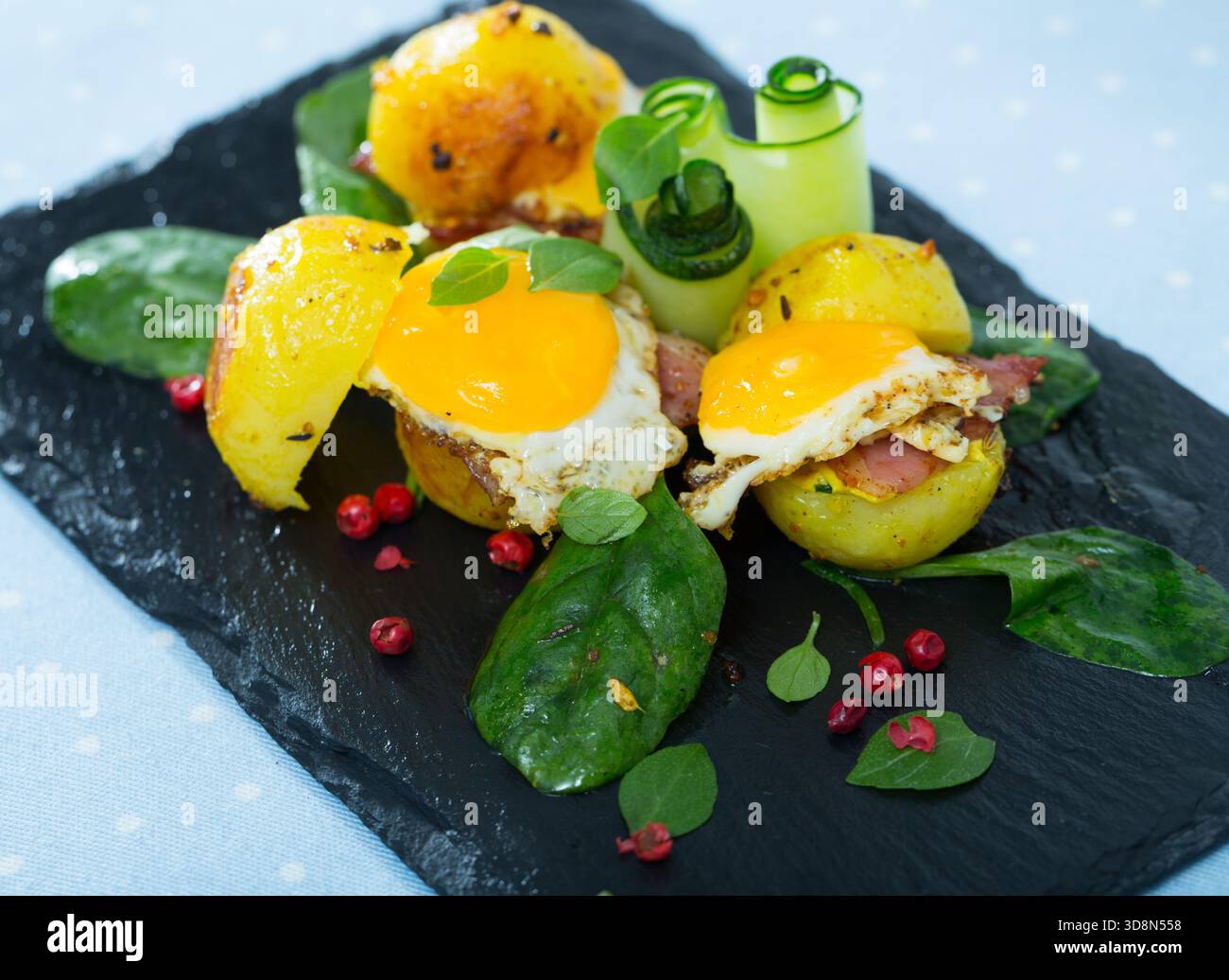 Potato burgers with quail egg Stock Photo