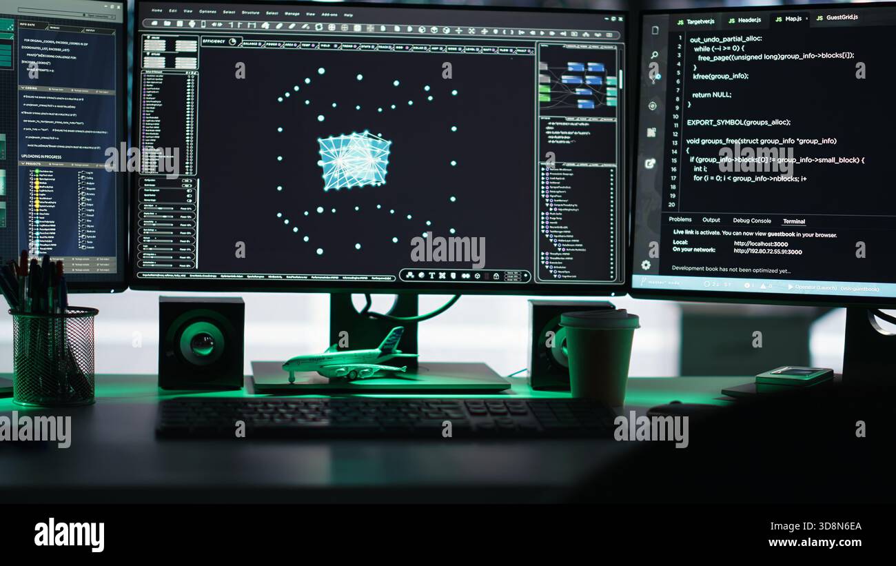 Monitors in data center displaying node tree interfaces monitoring ...