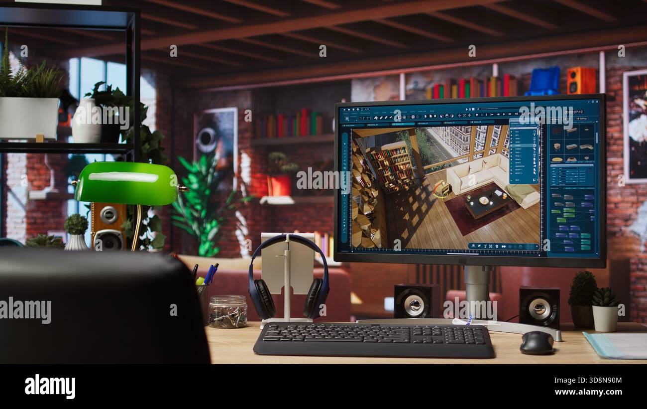 View of Architectural design 3D modeling program on computer screen showing ...