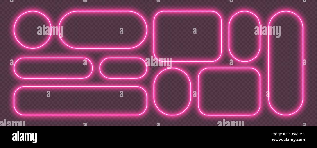 Neon glowing frames, pink night banners light effect, bright illuminated borders. Stock Vector