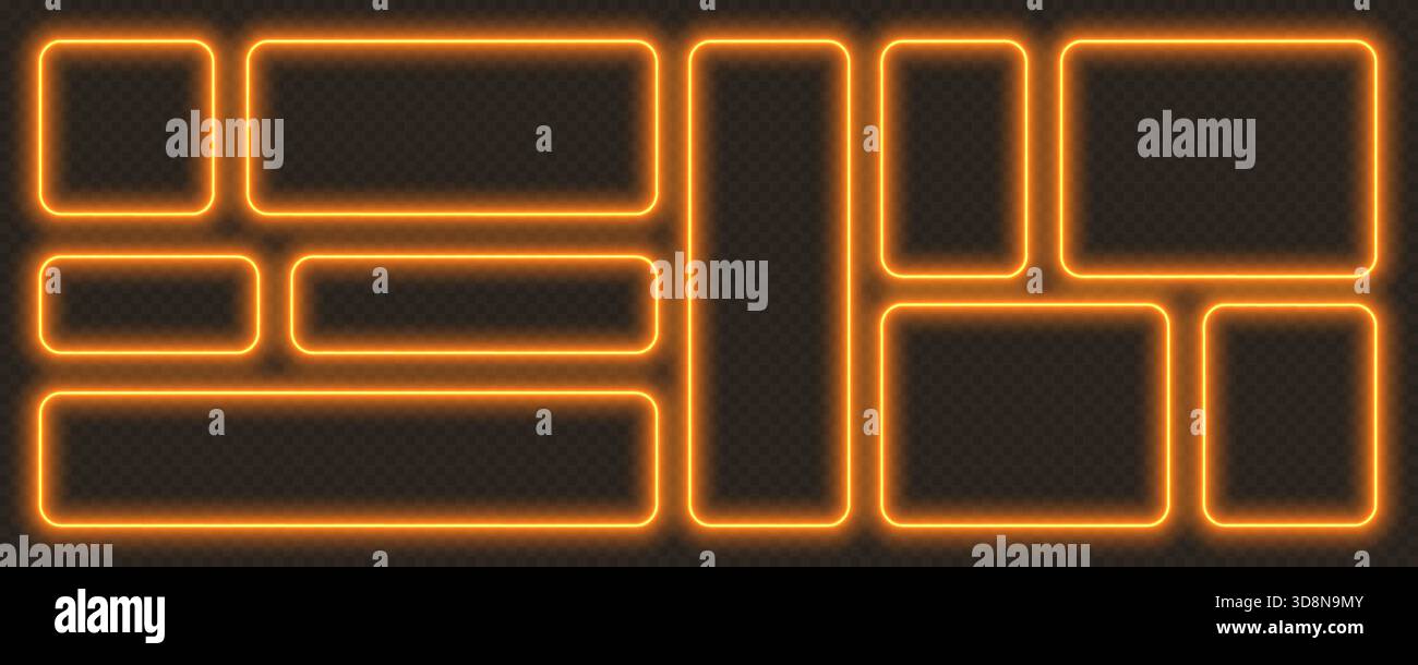 Neon glowing frames, orange night banners, bright illuminated borders. Rectangular design elements. Stock Vector