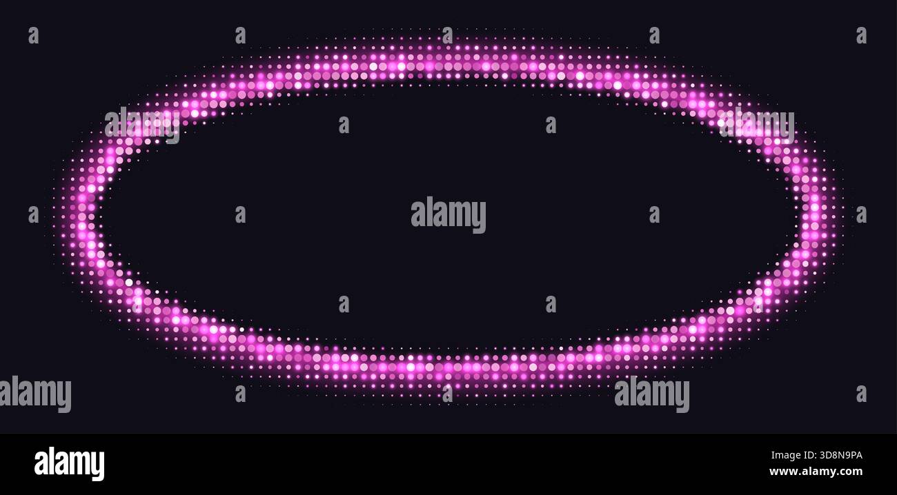 Pink halftone frames, glowing circle borders, round pattern with dots, radial disco luxury design element. Stock Vector